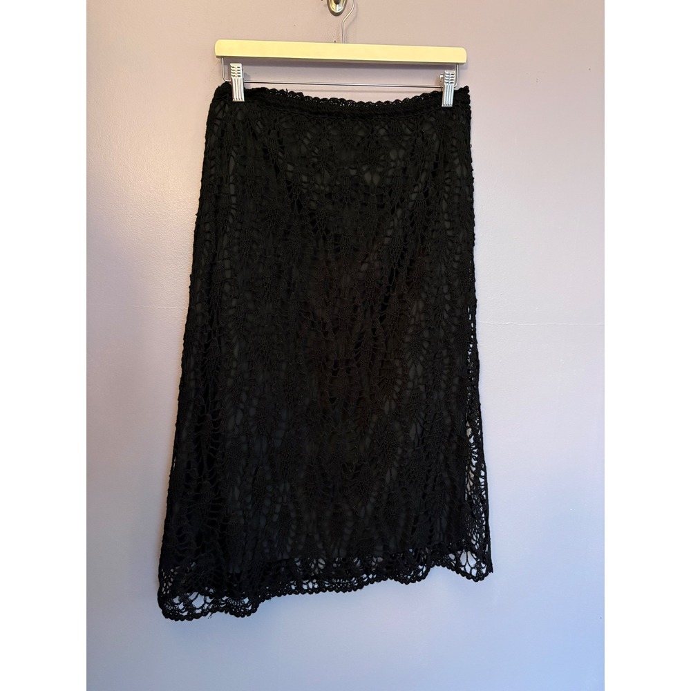 Vintage Thums Up Black Crochet‎ Midi Skirt Lined Open Knit Boho Goth Wimsigoth